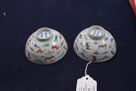 A pair of Chinese doucai bat bowls, Yongzheng mark, Republic period, D. 9.7cm, one bowl restored